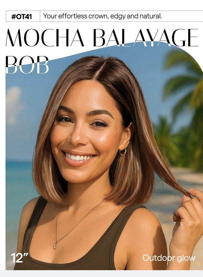 GORGIUS Brown Highlight Bob Lace Front Wig Glueless Straight Short Wigs Upgrade with Human-Hair-Like Sythetic Hair Pre Cut Pre Plucked Side Part Hairline 12 Inch - Image 2